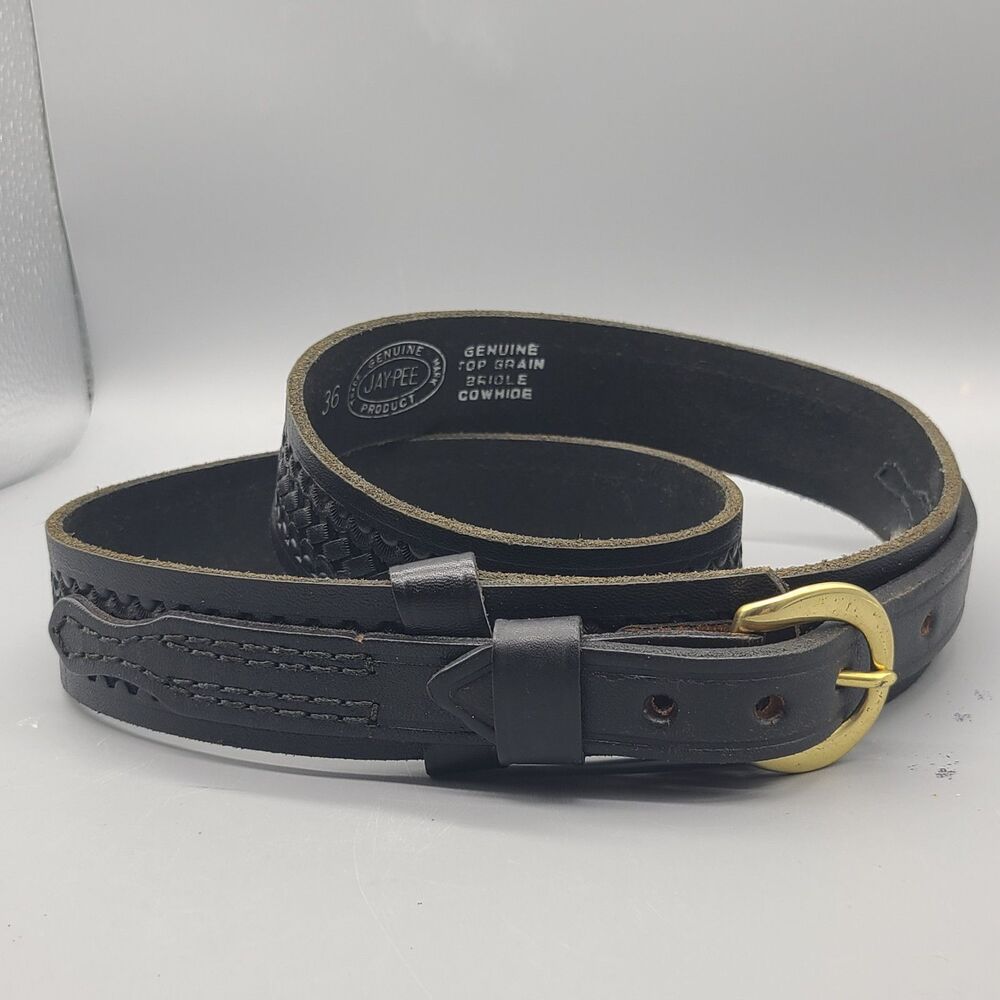Jay Pee Mens Belt Black Genuine Top Grain Bridle Cowhide Sz 36 Bronze Buckle New